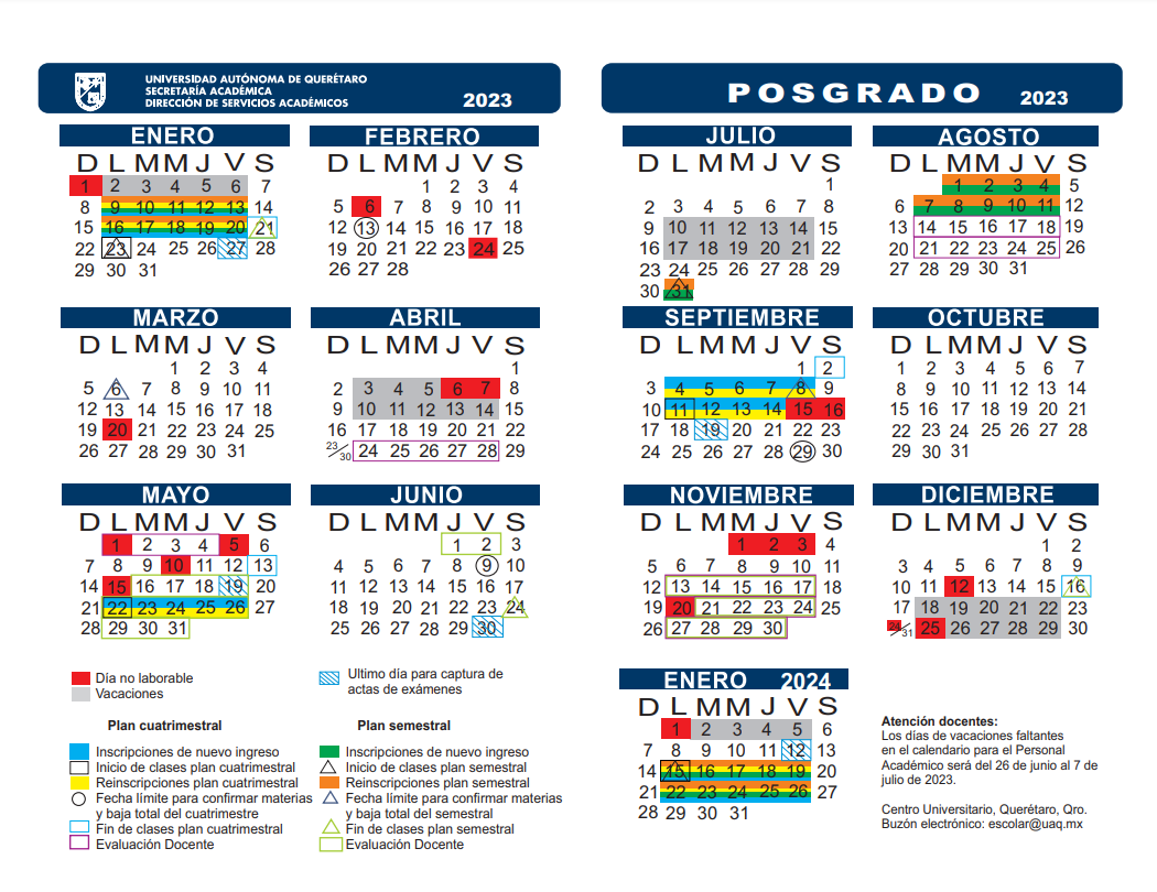 Calendario Escolar Facultad de Ingeniería UAQ.